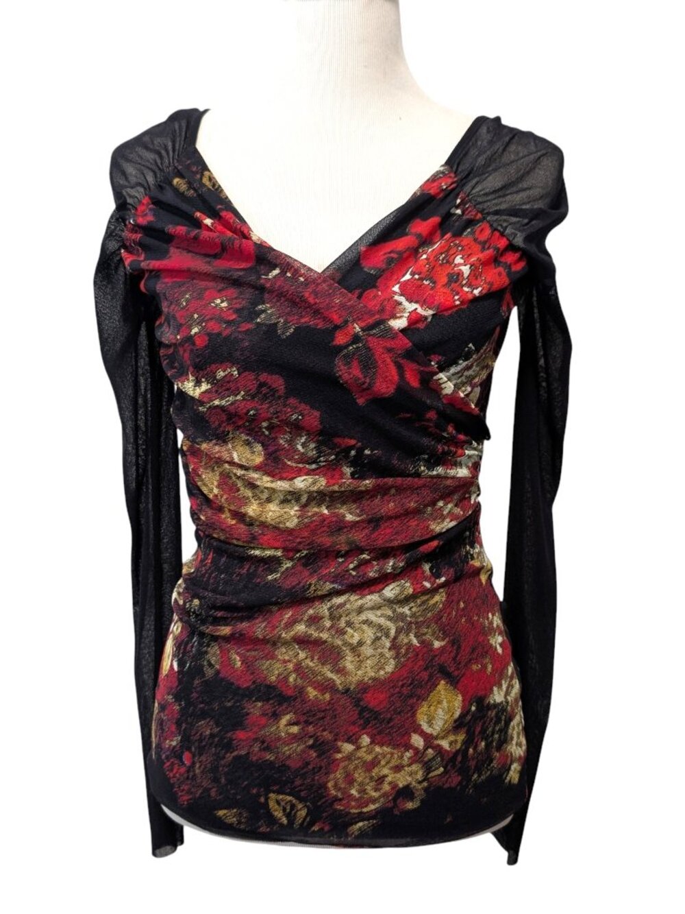 Fuzzi Womens Size S Black Red Floral Tulle Mesh Ruched Long Sleeve V-Neck Top